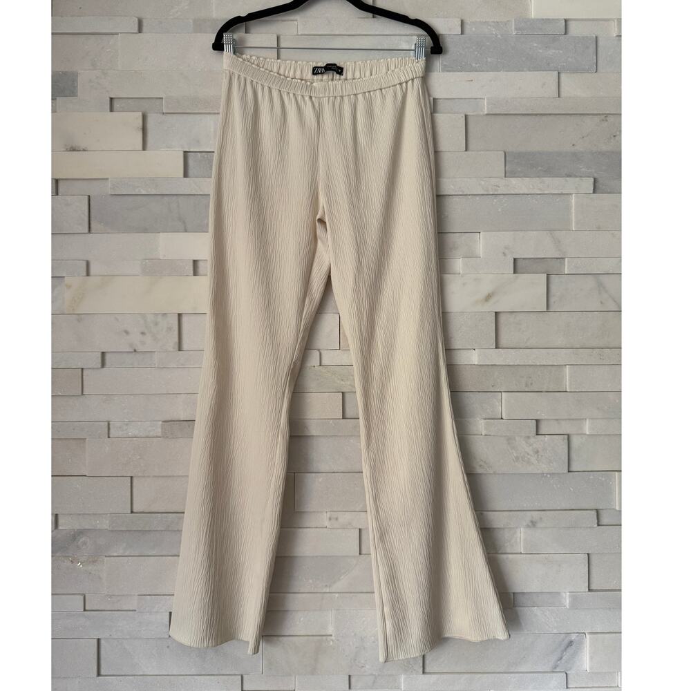 ZARA NWOT Crinkle Lightweight Pull On Flair Leg Loose Fit Pants Cream M Coastal